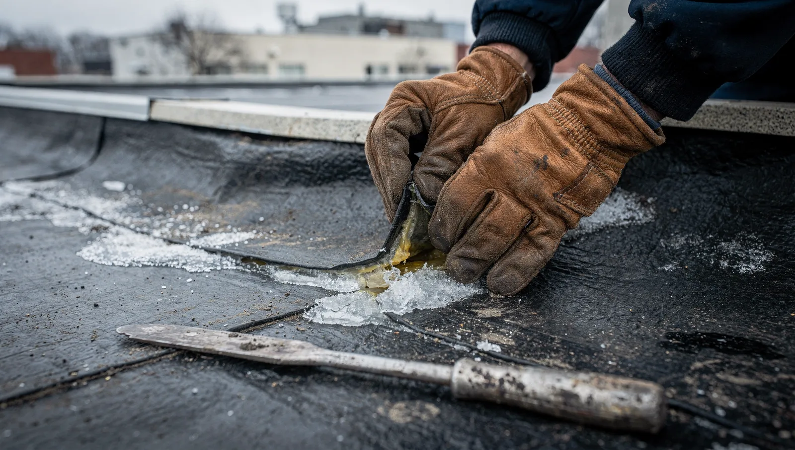 Gloved hands lifting a cracked EPDM flat roof seam showing frozen moisture, beside a metal inspection probe.