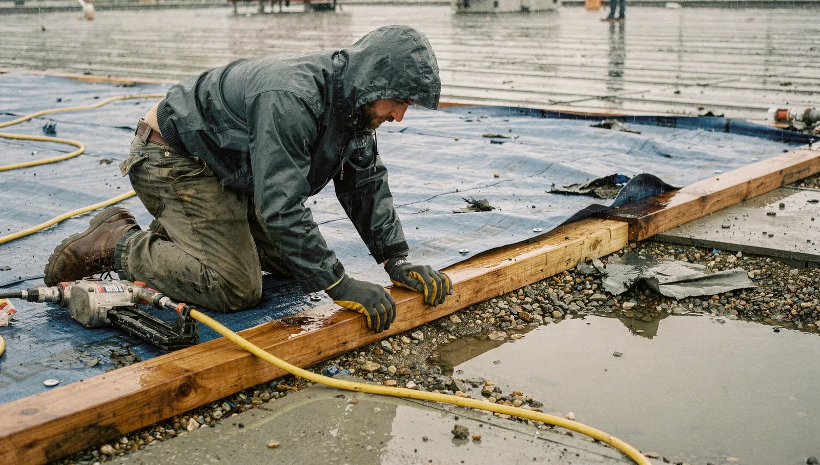 A roofing technician nails wooden batten strips over a blue tarp on a wet commercial flat roof.