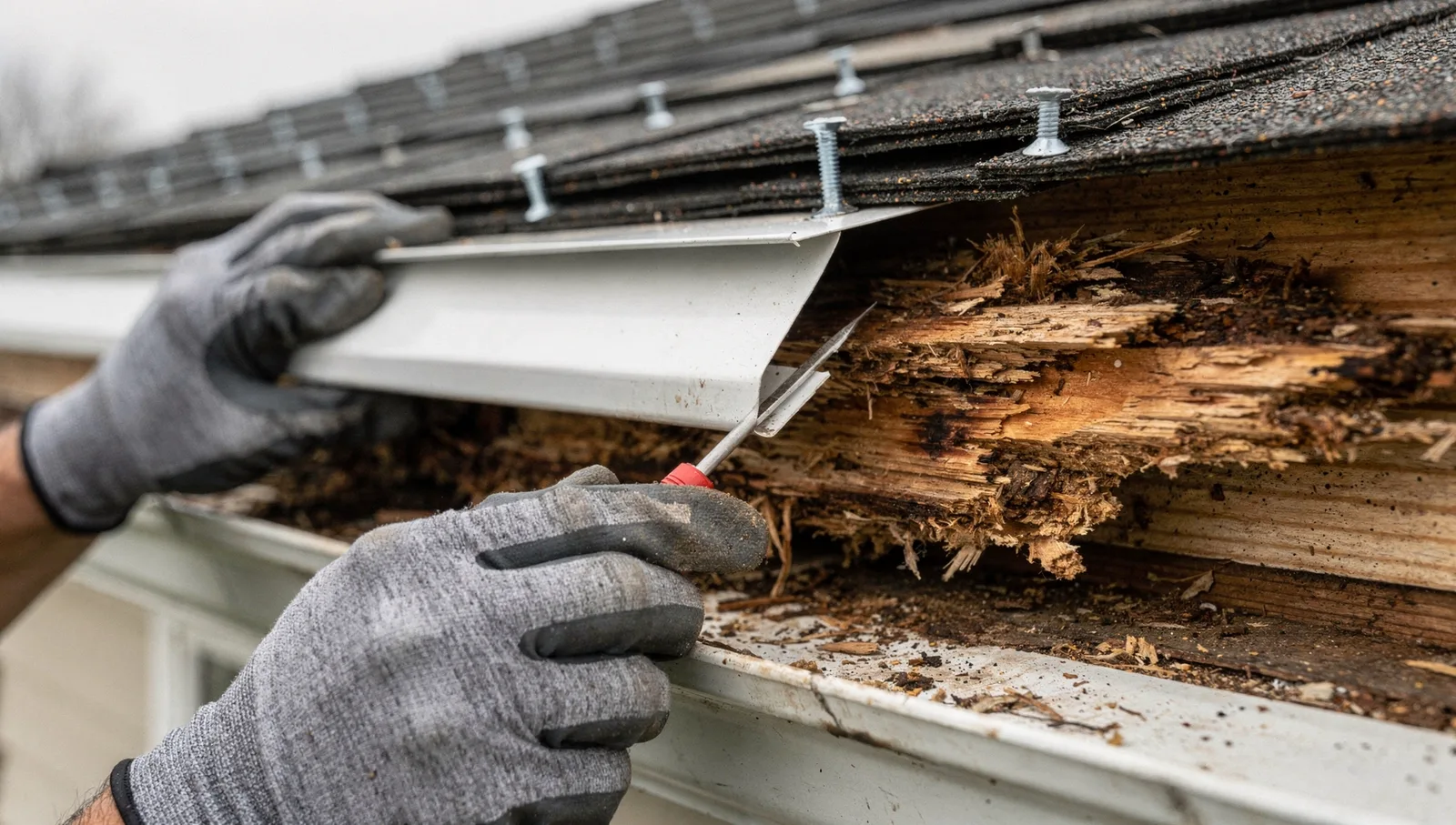 Gloved hands use an awl to probe rotted fascia board beneath lifted aluminum drip edge flashing on a roof eave.