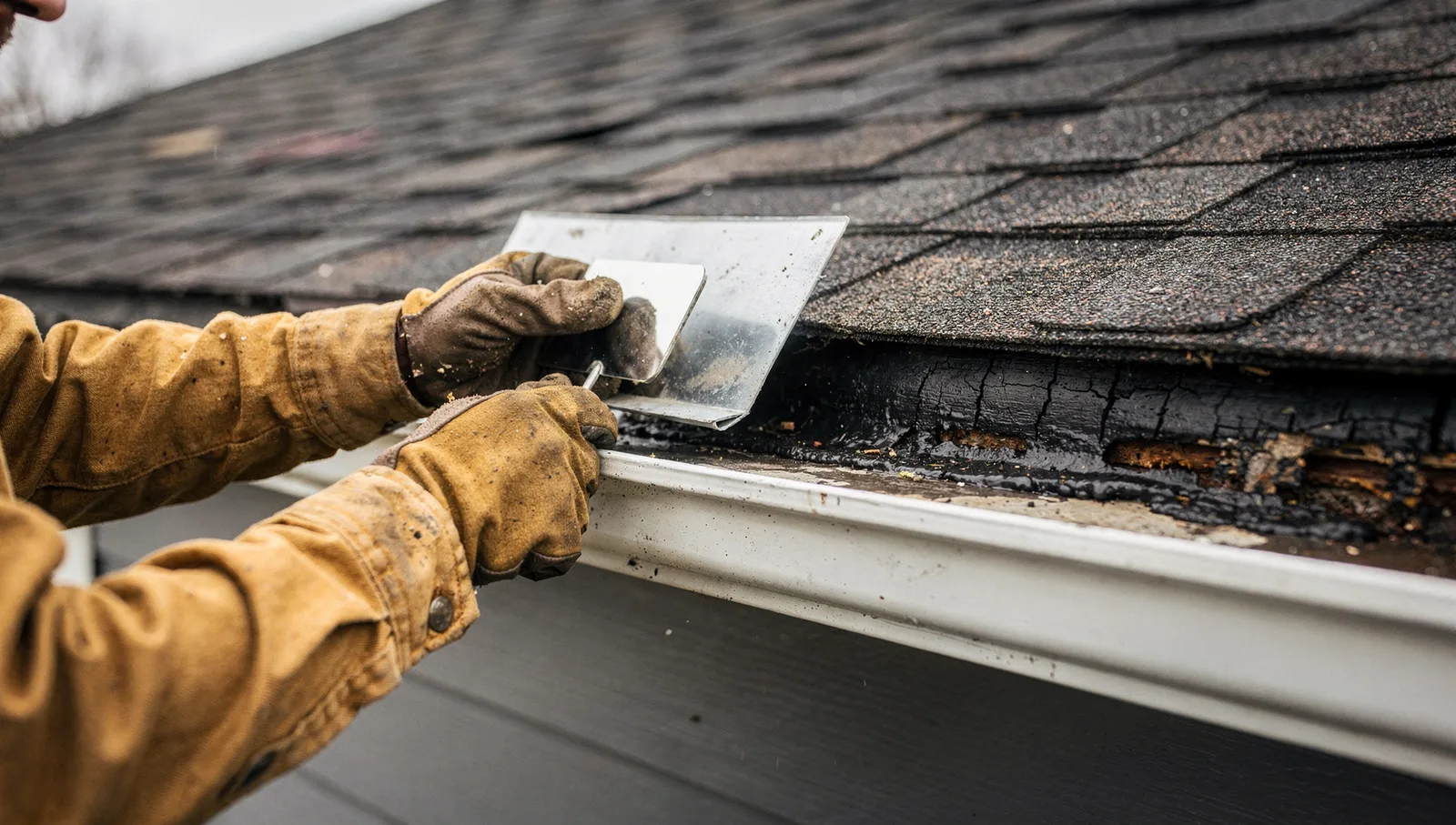 Inspector using a probe and mirror to check roof kickout flashing where shingles meet lap siding near a gutter.