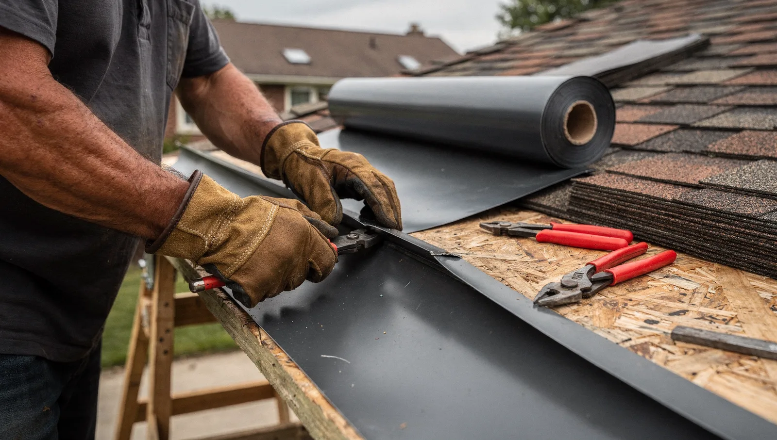 Roofer in work gloves using sheet metal seamers to bend aluminum valley flashing on a wooden sawhorse station.