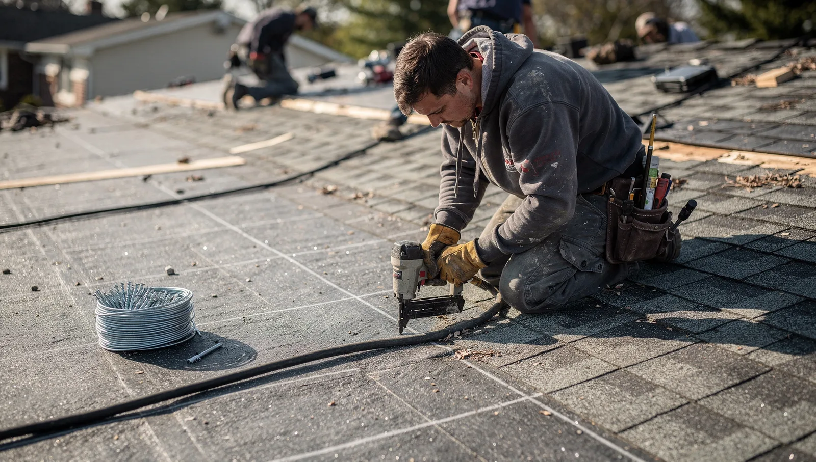 A roofer using a pneumatic nail gun to install architectural asphalt shingles on a steep residential roof.
